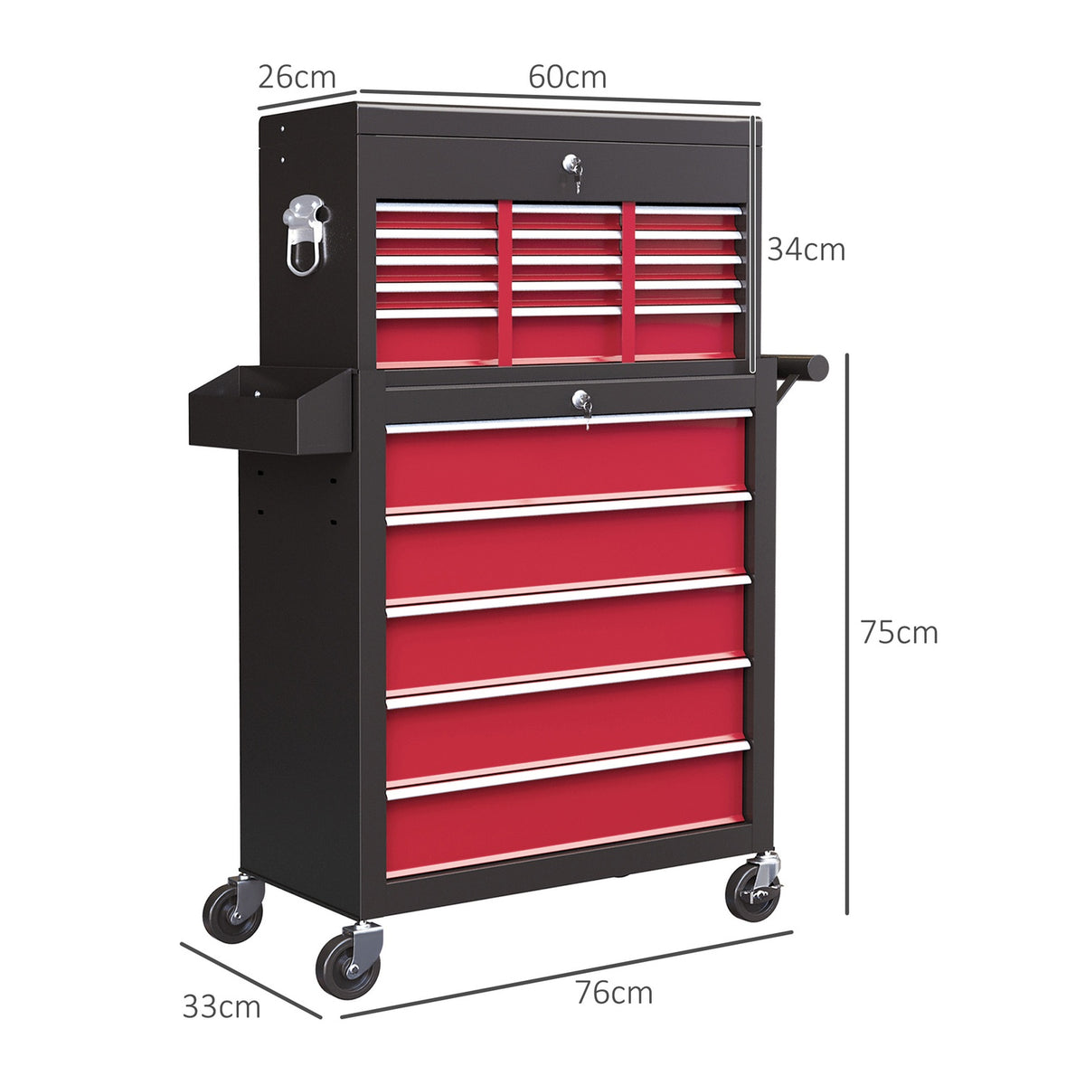 Workshop trolley with wheels, tool trolley with 14 drawers, lockable assembly trolley with side perforated wall, EVA mats, mobile trolley, red