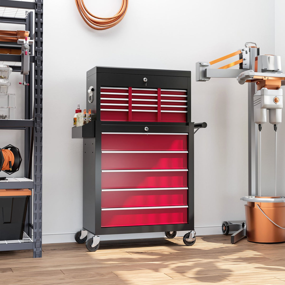 Workshop trolley with wheels, tool trolley with 14 drawers, lockable assembly trolley with side perforated wall, EVA mats, mobile trolley, red