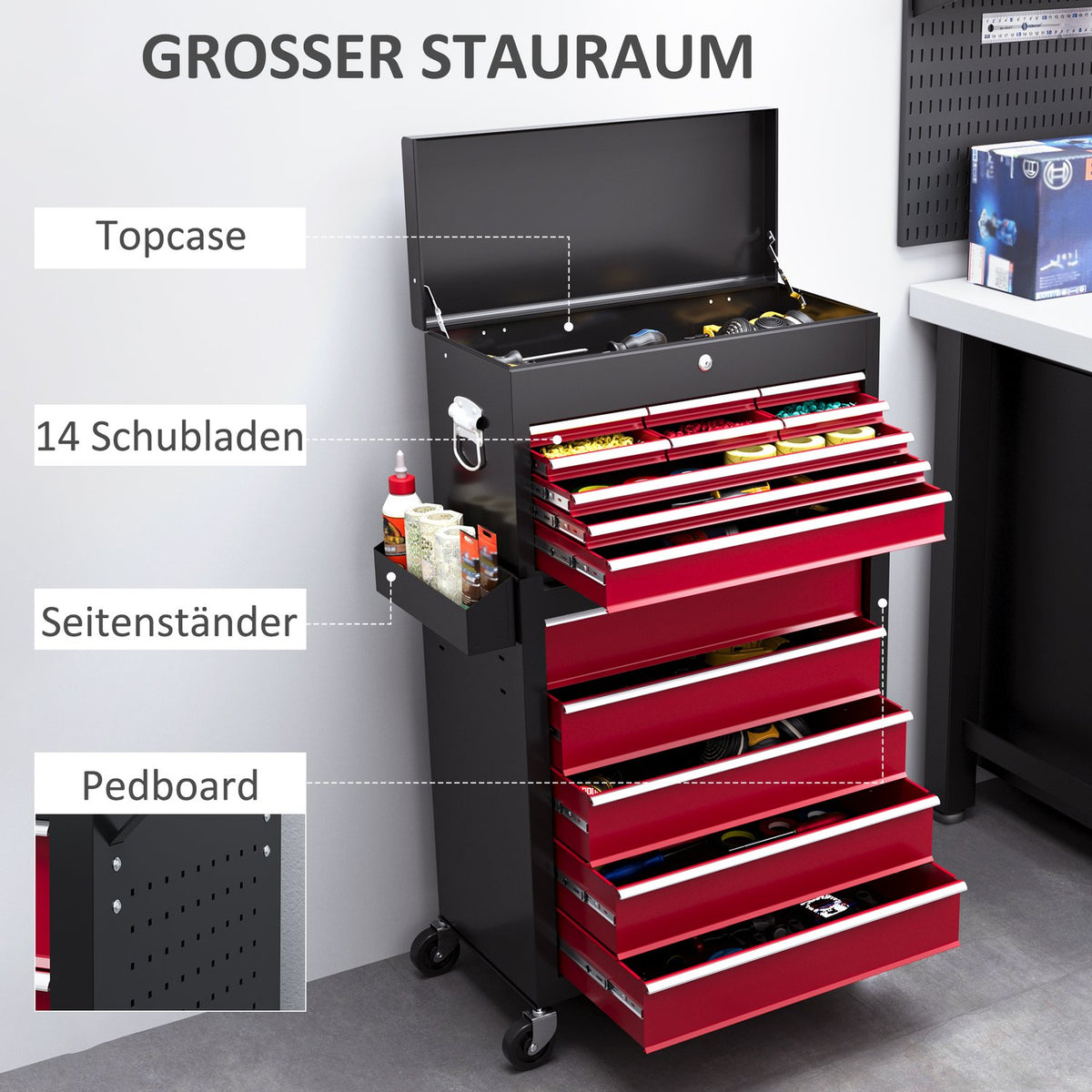 Workshop trolley with wheels, tool trolley with 14 drawers, lockable assembly trolley with side perforated wall, EVA mats, mobile trolley, red