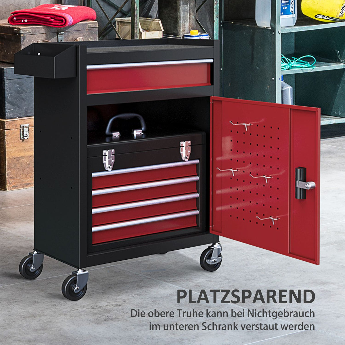 Workshop trolley with wheels, tool trolley with 5 drawers, lockable assembly trolley with ball-bearing drawer rails, mobile trolley, max. load 130kg, steel, black + red