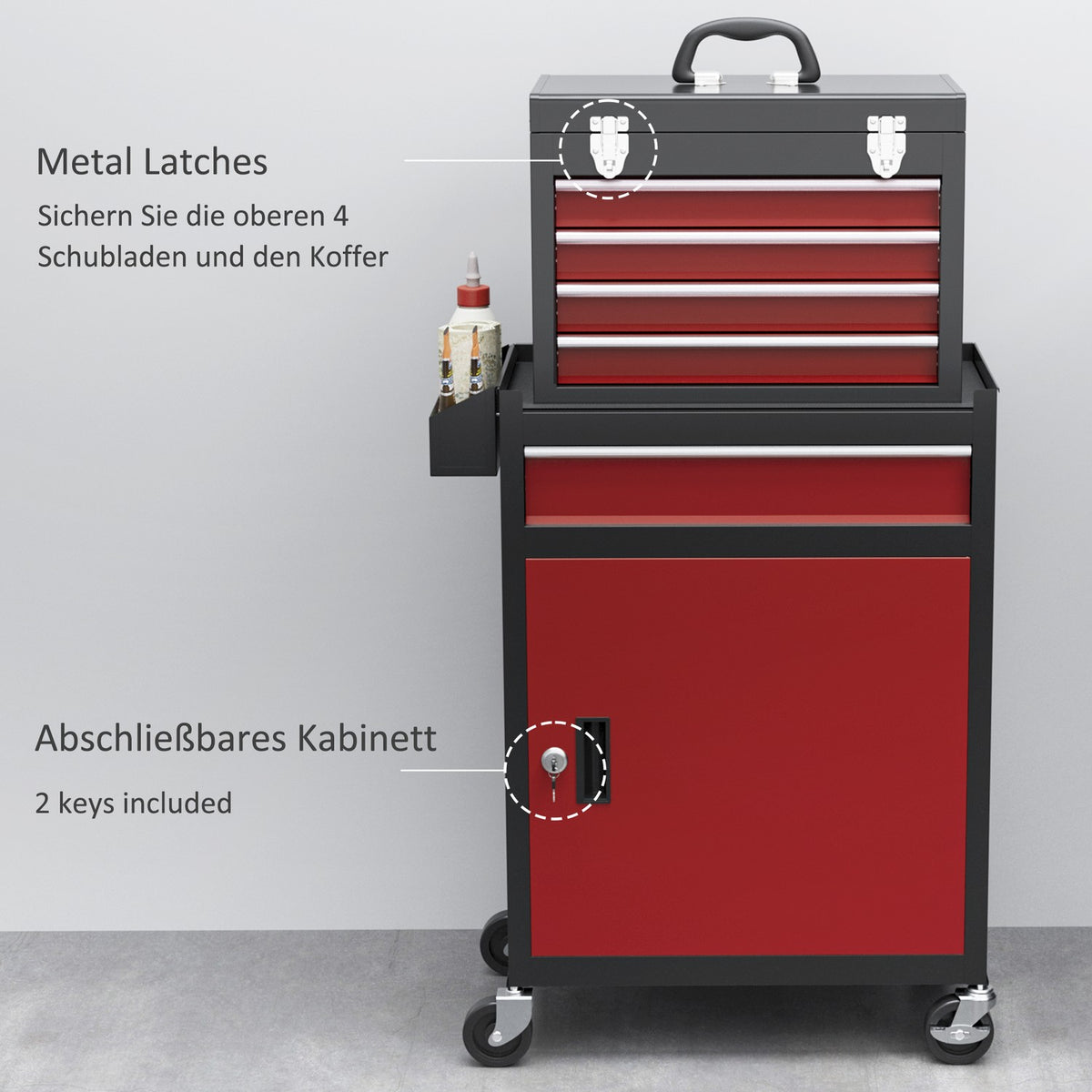 Workshop trolley with wheels, tool trolley with 5 drawers, lockable assembly trolley with ball-bearing drawer rails, mobile trolley, max. load 130kg, steel, black + red