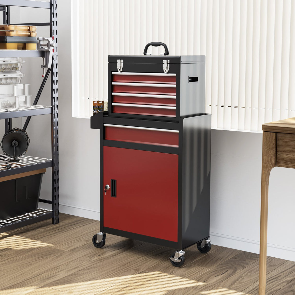 Workshop trolley with wheels, tool trolley with 5 drawers, lockable assembly trolley with ball-bearing drawer rails, mobile trolley, max. load 130kg, steel, black + red