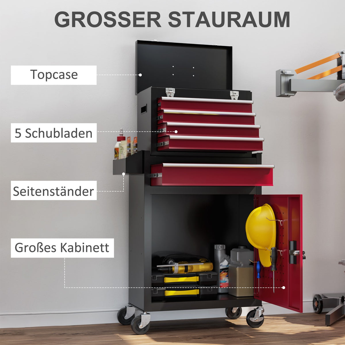 Workshop trolley with wheels, tool trolley with 5 drawers, lockable assembly trolley with ball-bearing drawer rails, mobile trolley, max. load 130kg, steel, black + red