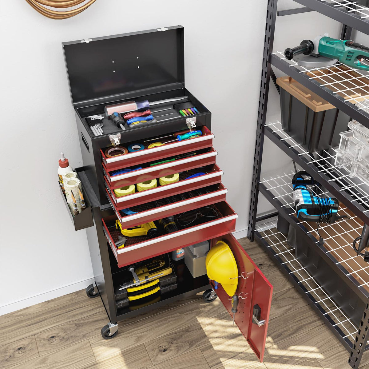 Workshop trolley with wheels, tool trolley with 5 drawers, lockable assembly trolley with ball-bearing drawer rails, mobile trolley, max. load 130kg, steel, black + red