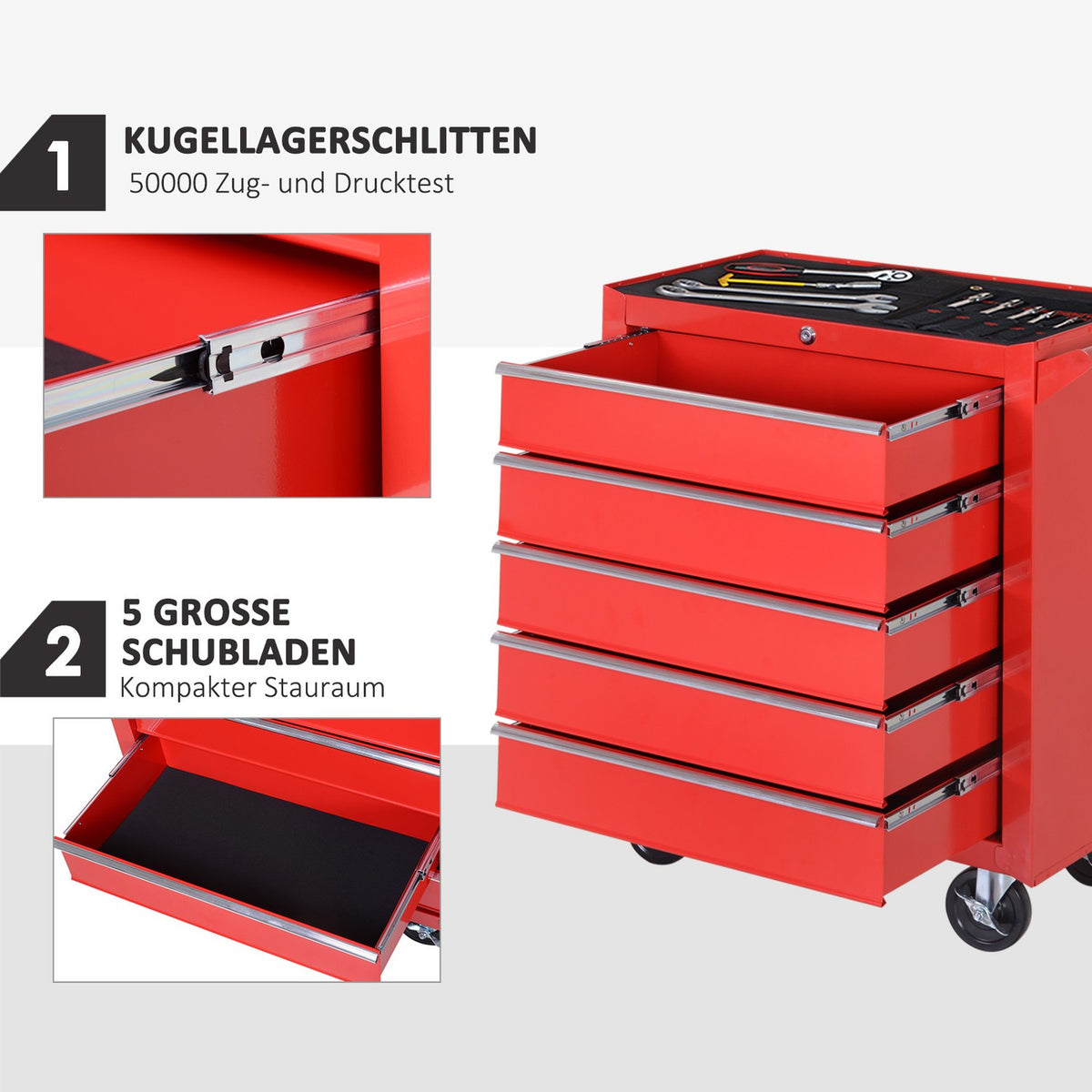 Workshop trolley with wheels, tool trolley with 5 drawers, lockable trolley with EVA mat, mobile assembly trolley, max. load 150 kg, steel, red