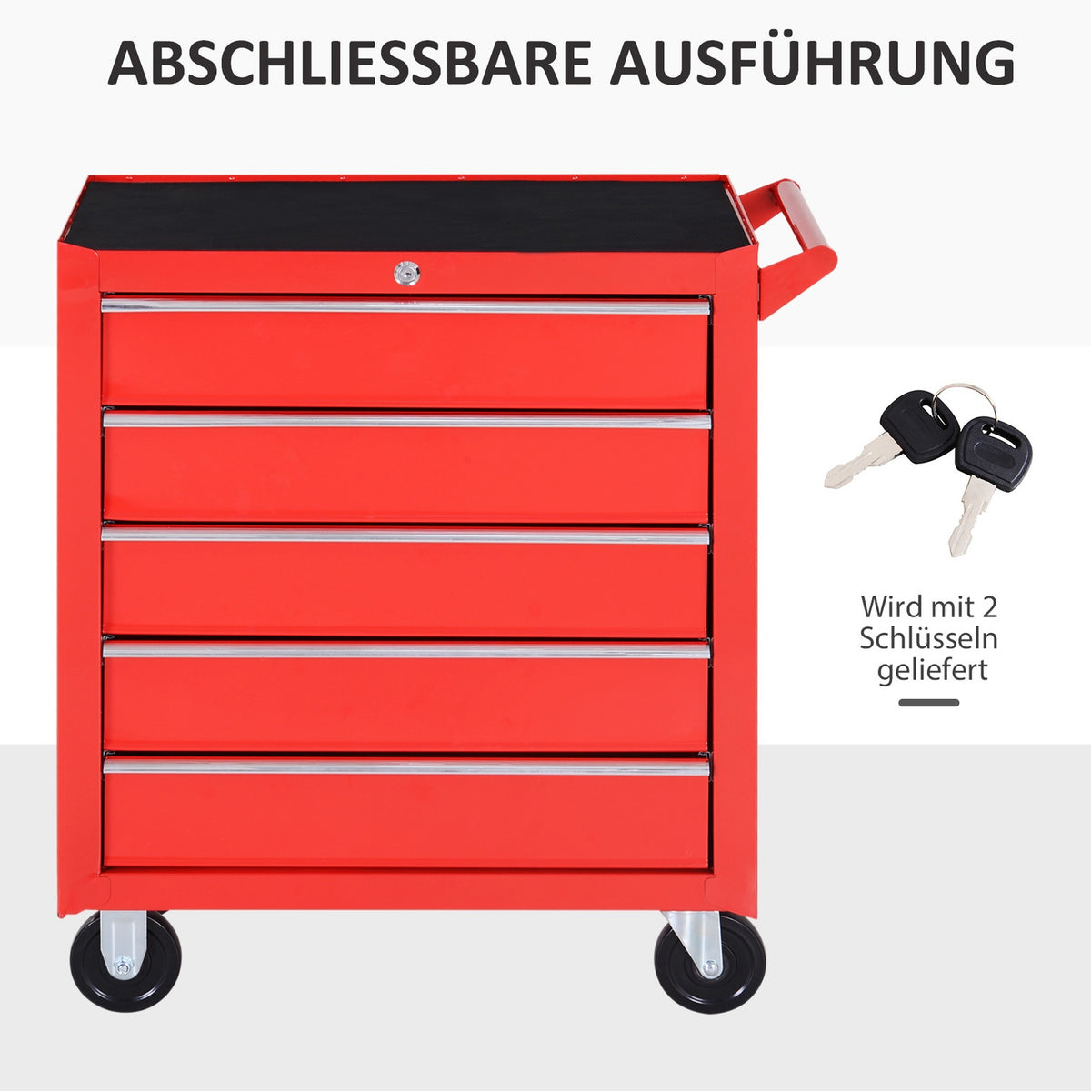 Workshop trolley with wheels, tool trolley with 5 drawers, lockable trolley with EVA mat, mobile assembly trolley, max. load 150 kg, steel, red