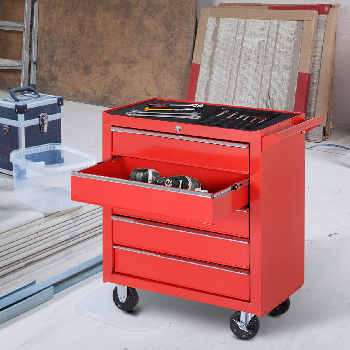 Workshop trolley with wheels, tool trolley with 5 drawers, lockable trolley with EVA mat, mobile assembly trolley, max. load 150 kg, steel, red