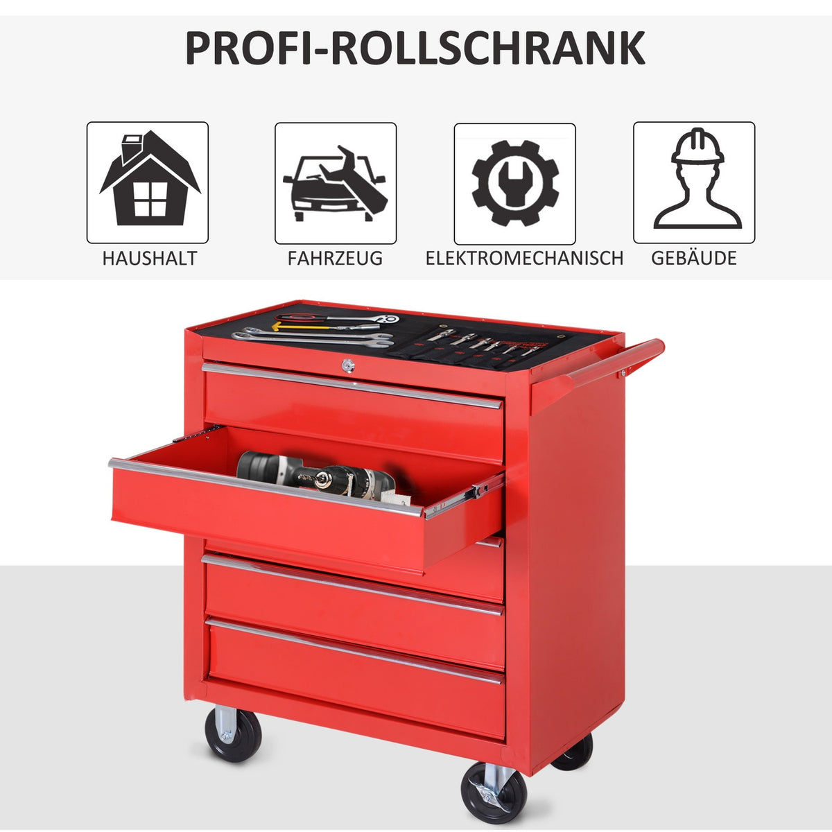Workshop trolley with wheels, tool trolley with 5 drawers, lockable trolley with EVA mat, mobile assembly trolley, max. load 150 kg, steel, red