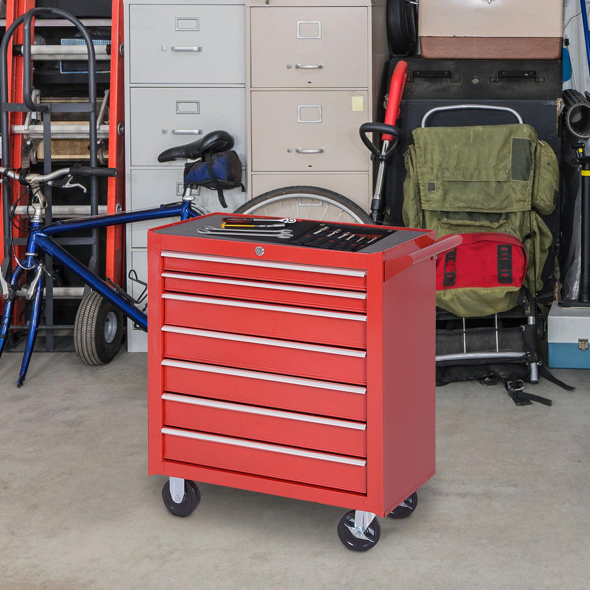 Workshop trolley with wheels, tool trolley with 7 drawers, lockable assembly trolley with parking brake, mobile trolley, max. load 150kg, steel, red