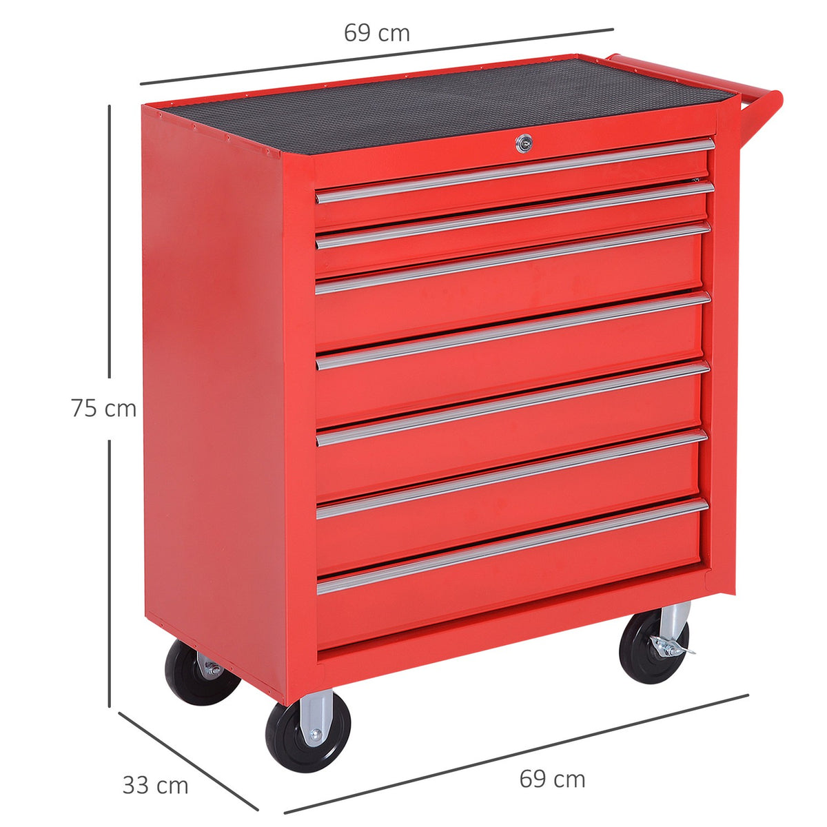 Workshop trolley with wheels, tool trolley with 7 drawers, lockable assembly trolley with parking brake, mobile trolley, max. load 150kg, steel, red