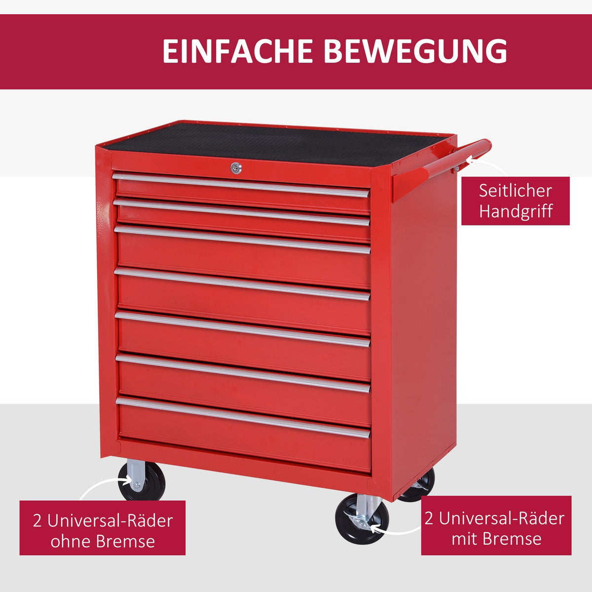 Workshop trolley with wheels, tool trolley with 7 drawers, lockable assembly trolley with parking brake, mobile trolley, max. load 150kg, steel, red