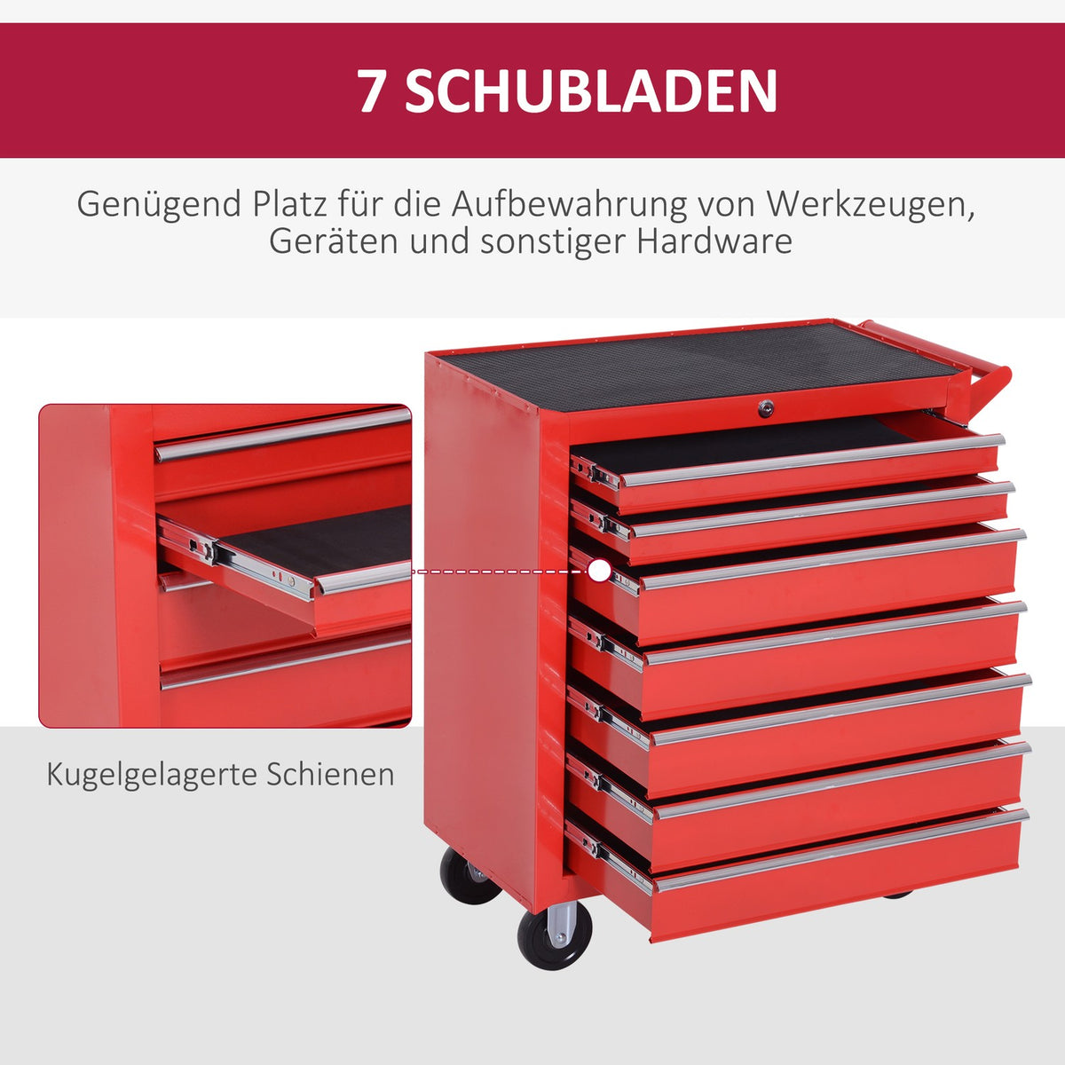 Workshop trolley with wheels, tool trolley with 7 drawers, lockable assembly trolley with parking brake, mobile trolley, max. load 150kg, steel, red