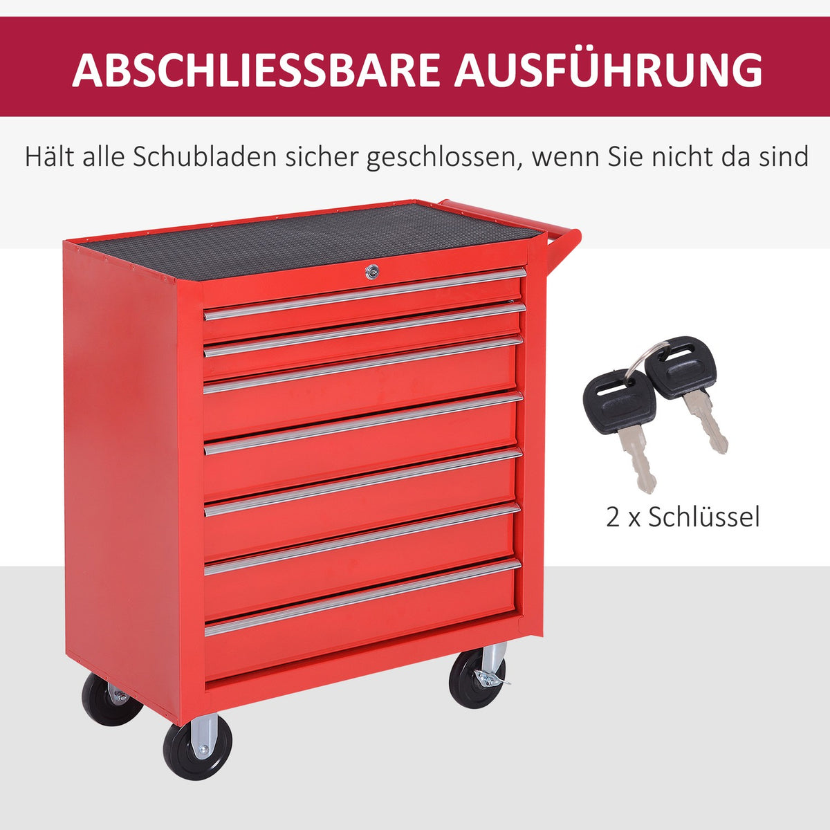 Workshop trolley with wheels, tool trolley with 7 drawers, lockable assembly trolley with parking brake, mobile trolley, max. load 150kg, steel, red