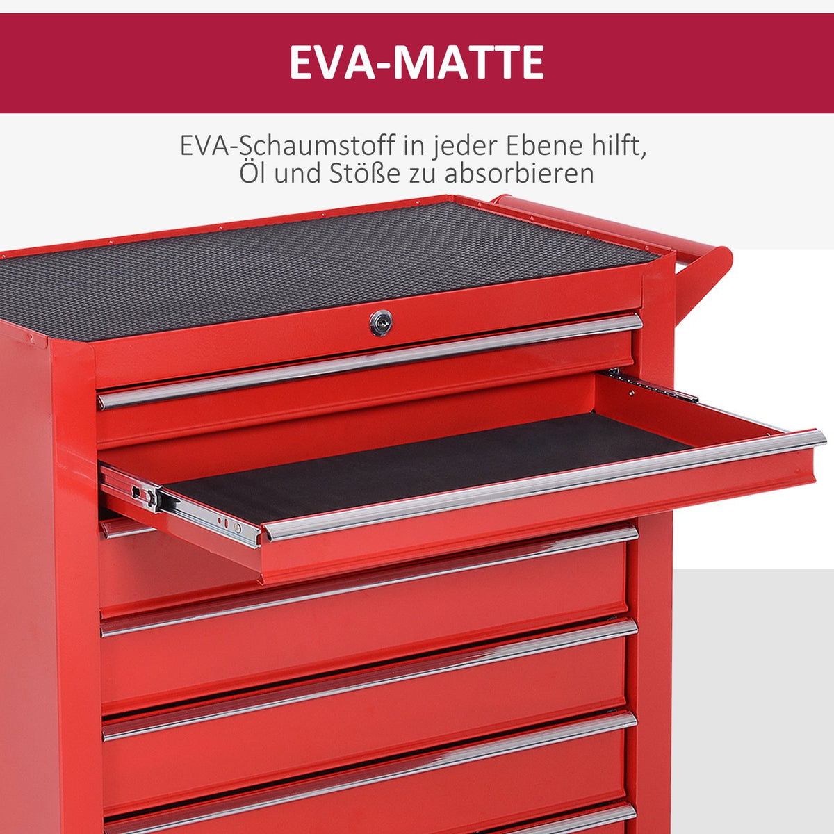 Workshop trolley with wheels, tool trolley with 7 drawers, lockable assembly trolley with parking brake, mobile trolley, max. load 150kg, steel, red