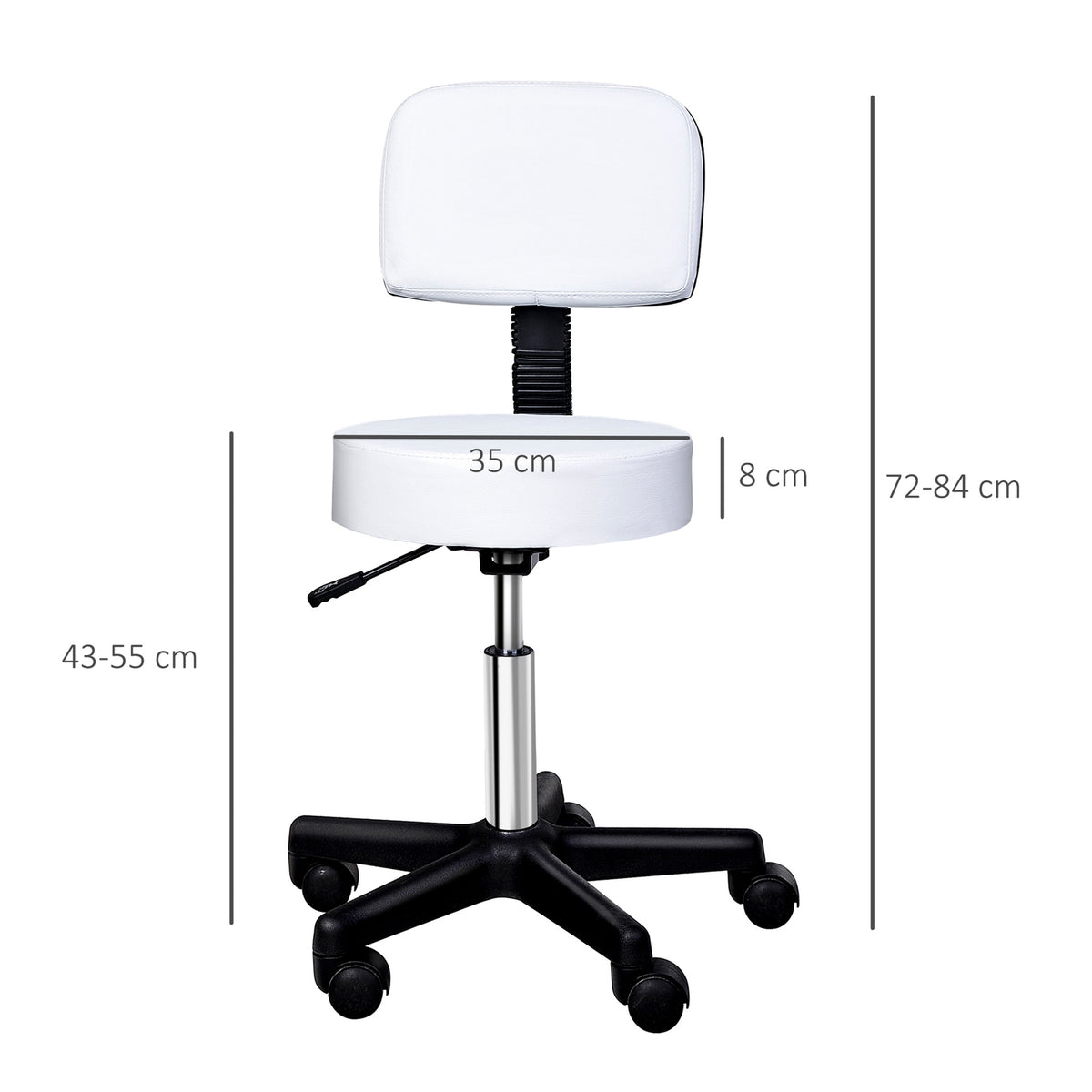 Work stool roll stool swivel stool height adjustable with backrest, office, white, Φ35 x H72-84 cm