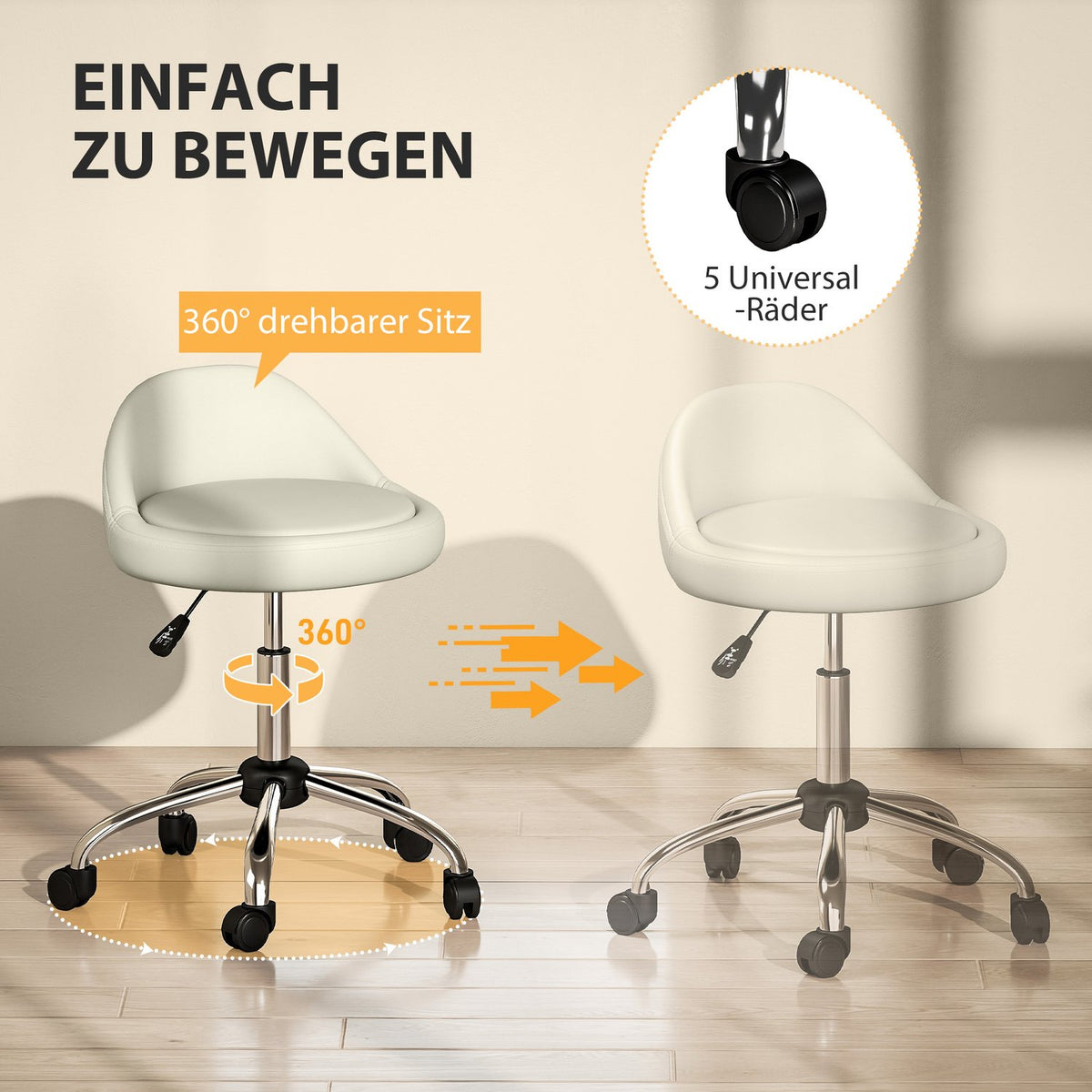 Work stool, swivel stool, rolling stool, height-adjustable, rotating seat, 50 cm x 50 cm x 83 cm, white