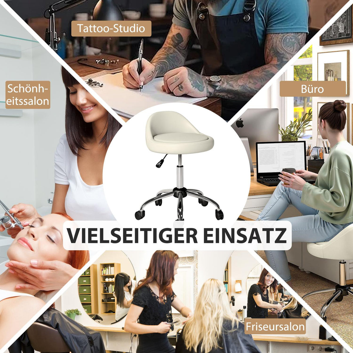 Work stool, swivel stool, rolling stool, height-adjustable, rotating seat, 50 cm x 50 cm x 83 cm, white