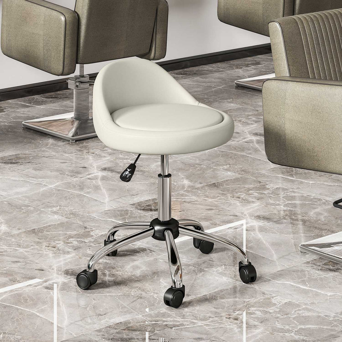 Work stool, swivel stool, rolling stool, height-adjustable, rotating seat, 50 cm x 50 cm x 83 cm, white