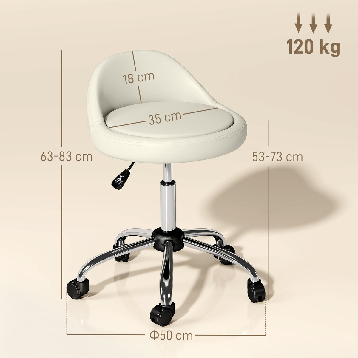 Work stool, swivel stool, rolling stool, height-adjustable, rotating seat, 50 cm x 50 cm x 83 cm, white