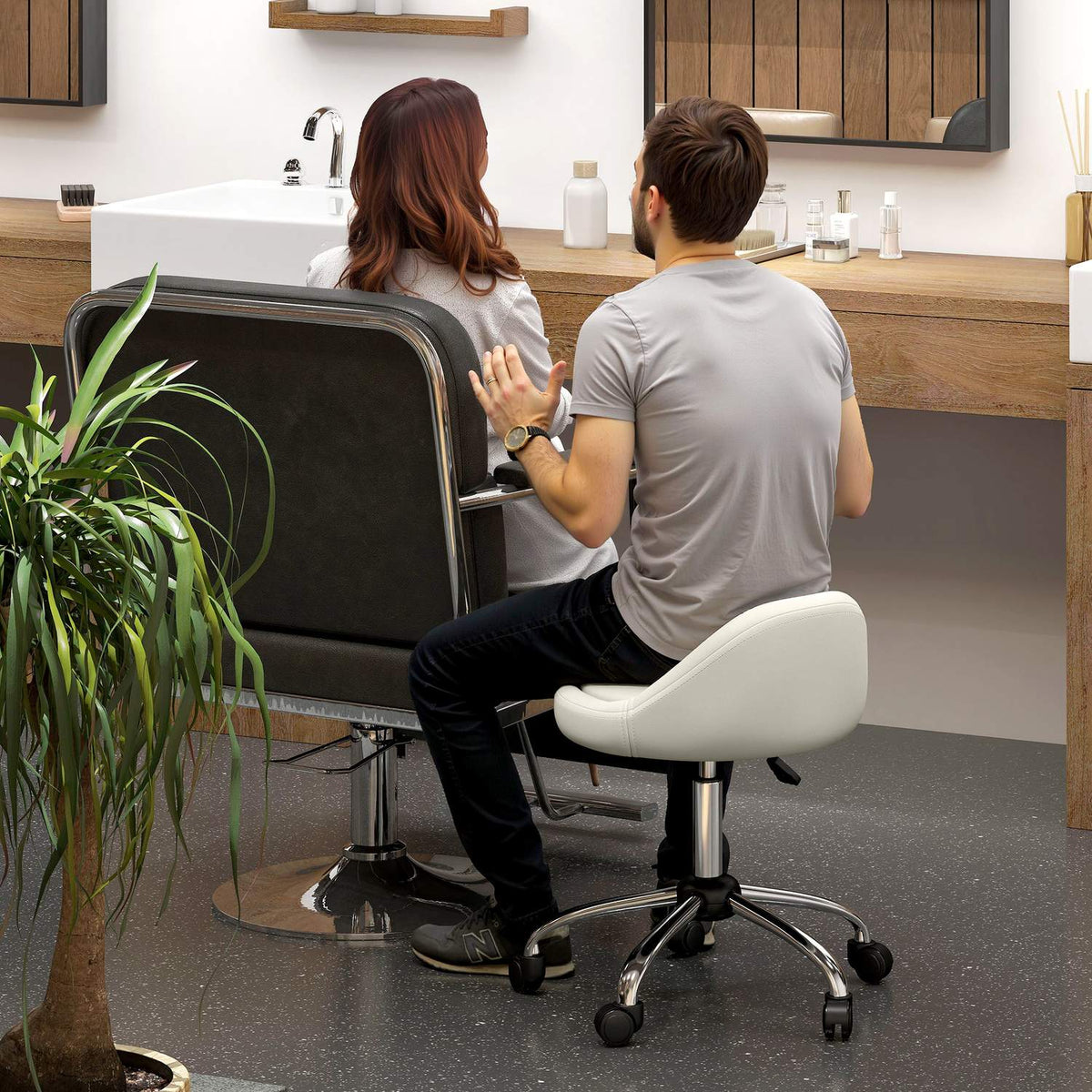 Work stool, swivel stool, rolling stool, height-adjustable, rotating seat, 50 cm x 50 cm x 83 cm, white
