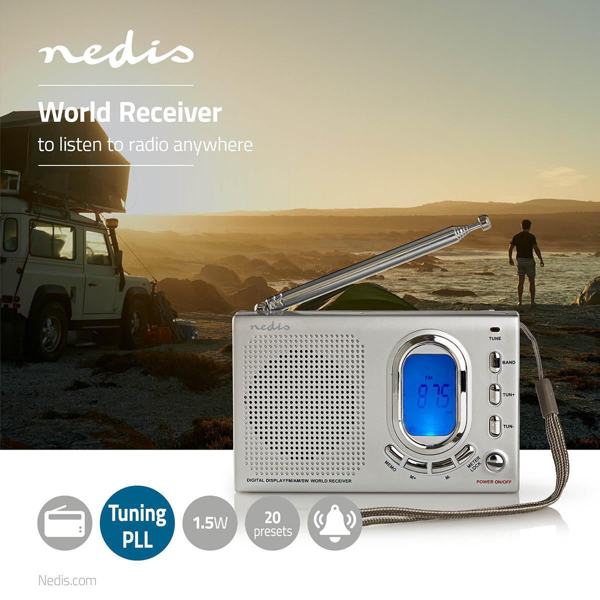 World Radio | Portable design | AM / FM / SW | Battery operated / Power adapter | Digital | 1.5 W| Headphone jack | Alarm clock | Sleep timer | Gray