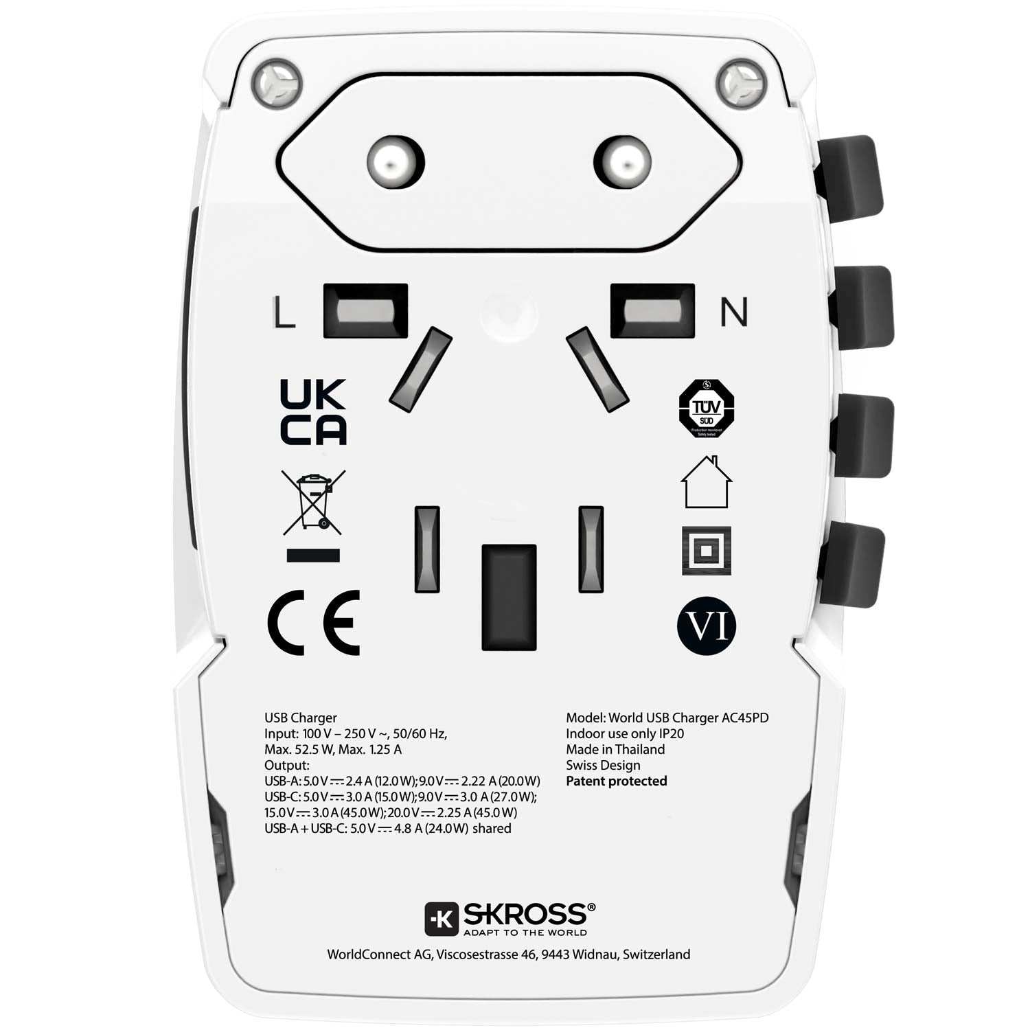 World travel adapter PRO Light USB AC45PD World PD 45W Grounded