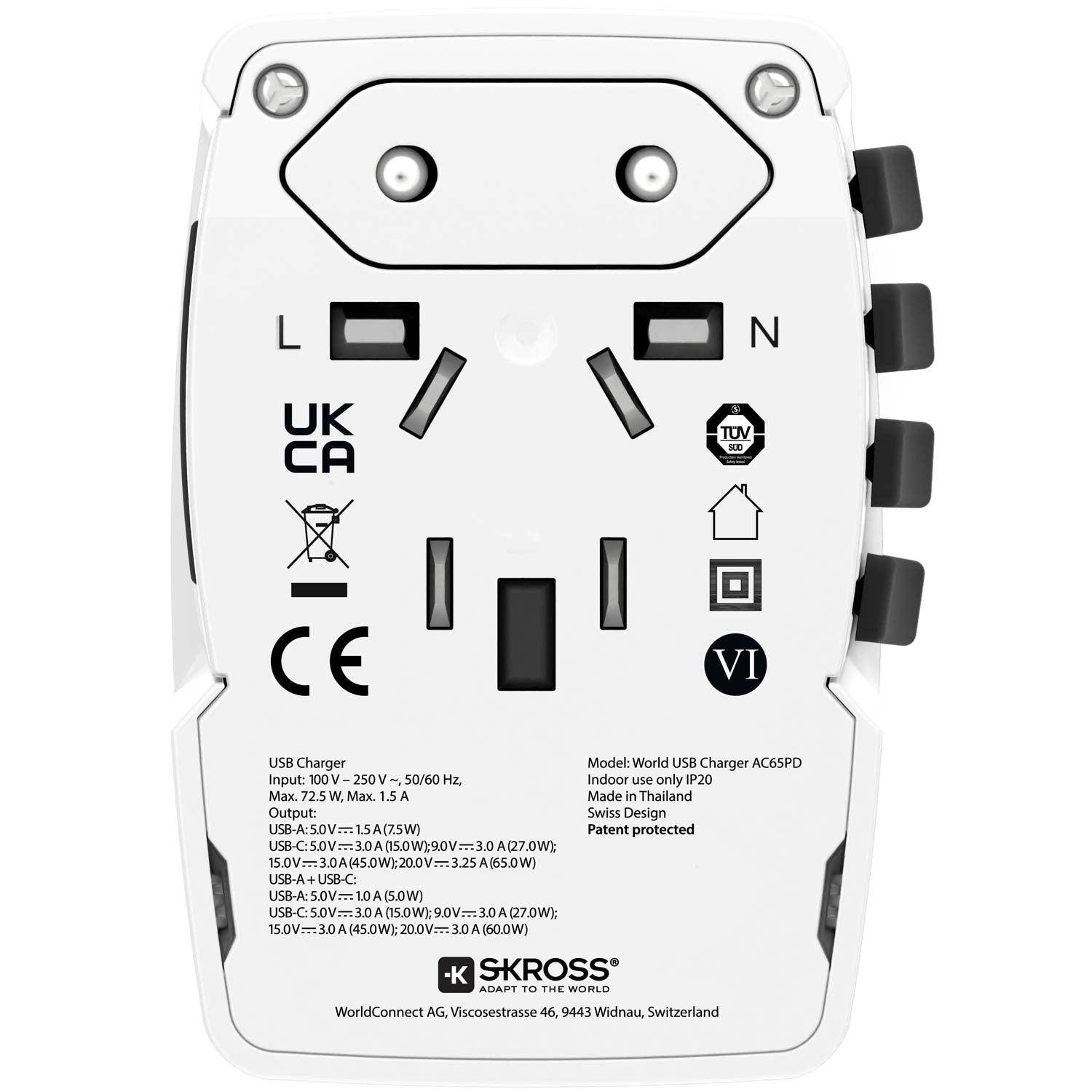 World travel charger AC65PD World USB-A+USB-C PD 65W Grounded