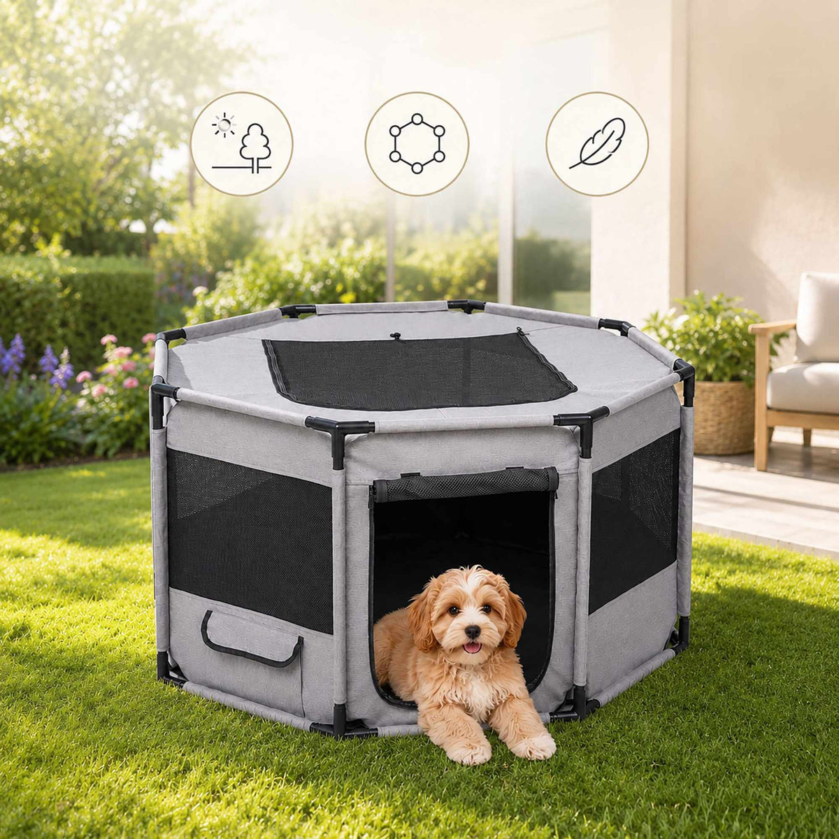 XL Indoor & Outdoor Puppy Playpen, Polyester, Grey/Black