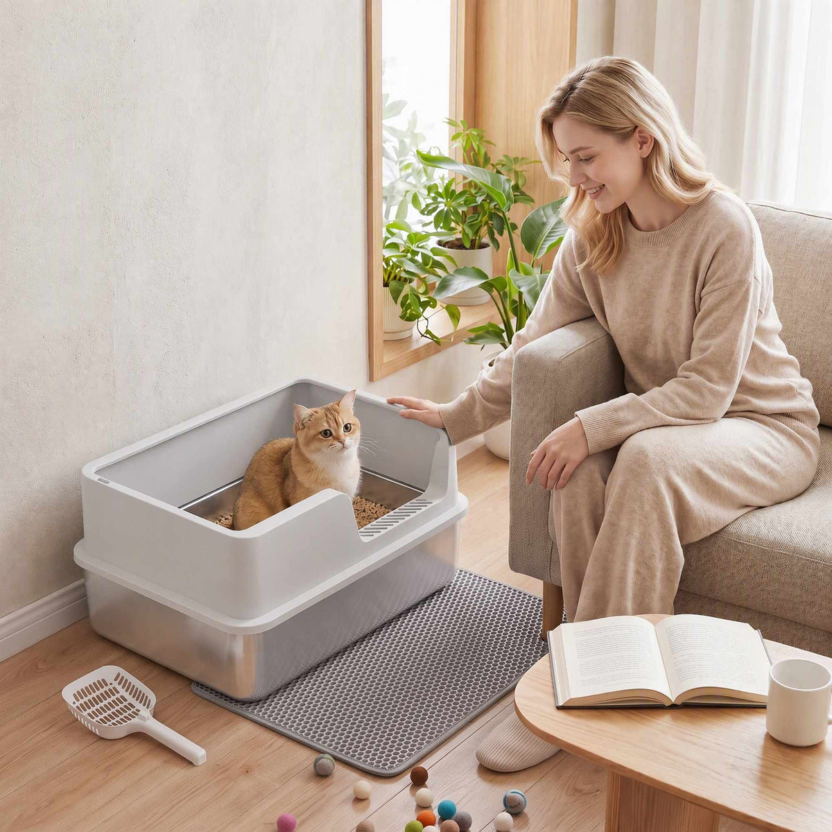 XL Stainless Steel Cat Litter Box with Lid, High Sides, Grey