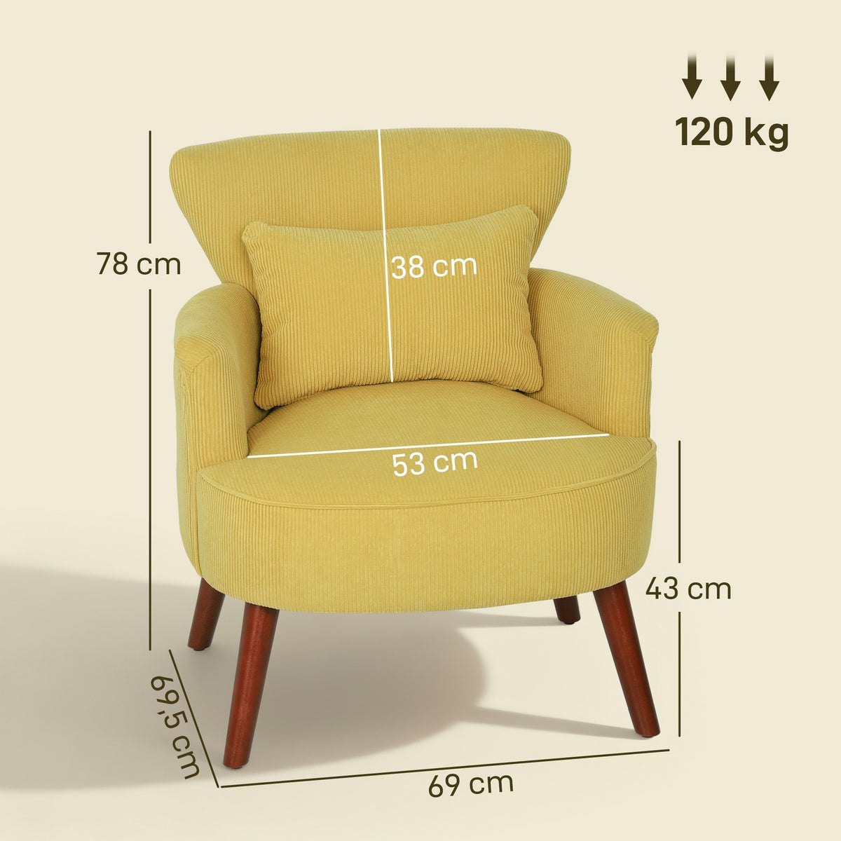 Yellow Armchair with Cushion, Rubberwood Legs, Upholstered