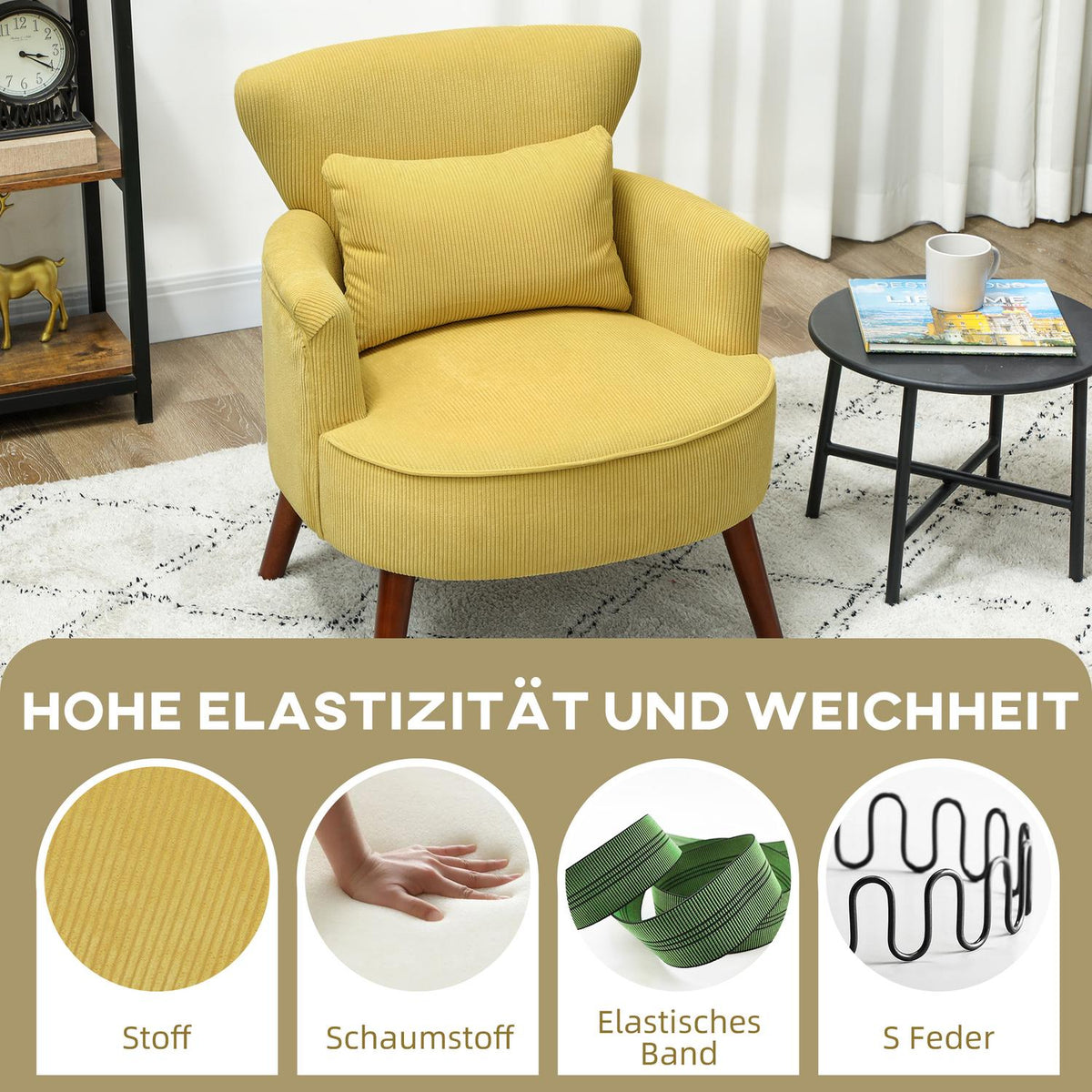Yellow Armchair with Cushion, Rubberwood Legs, Upholstered