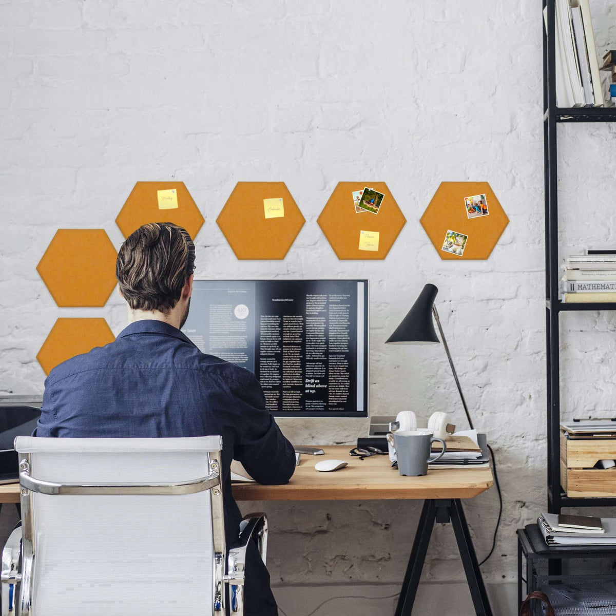 Yellow hexagons for pin board with felt - 6 pcs