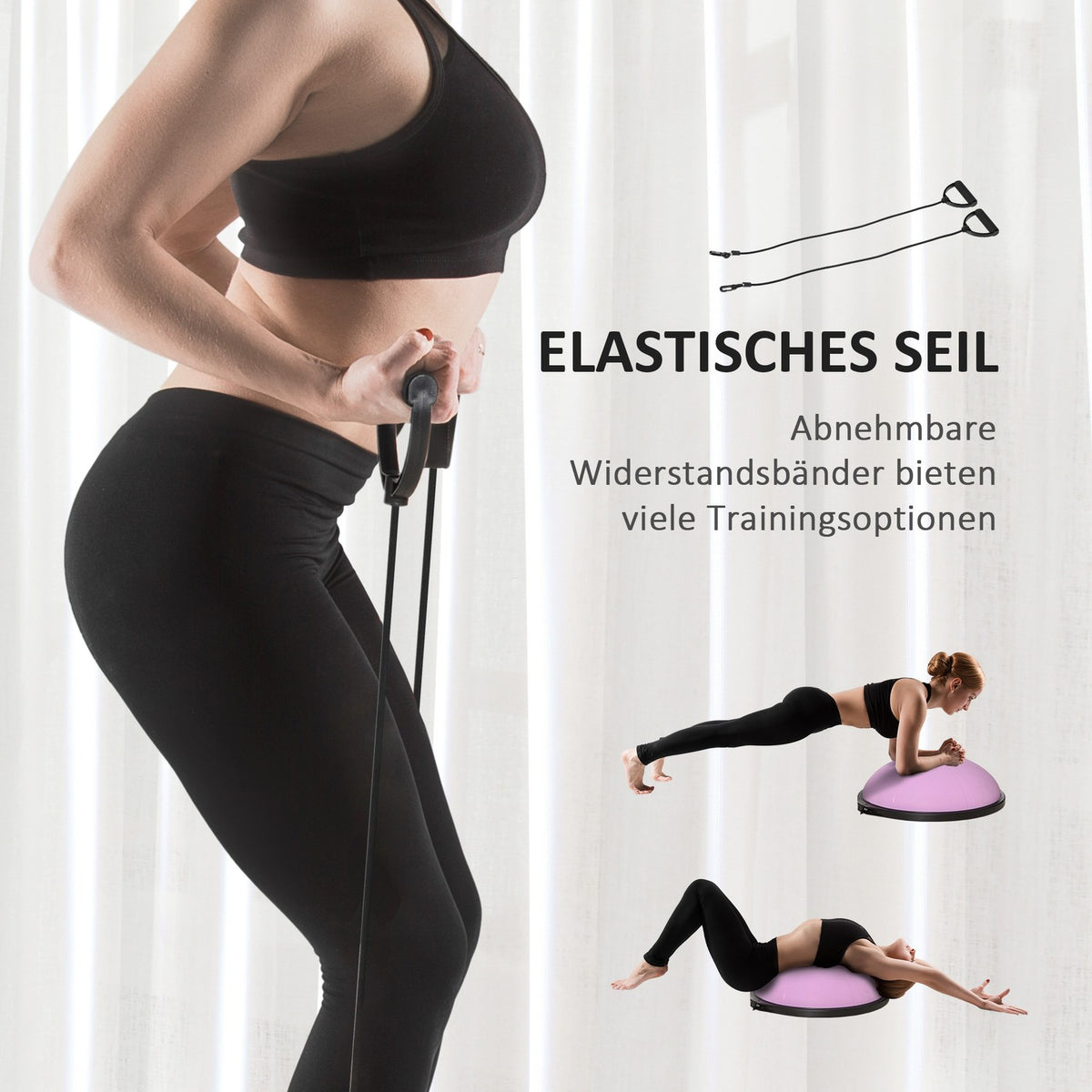 Yoga Ball Hemisphere Balance Trainer, Exercise Ball With Training Rope, For Yoga And Balance, Light Purple, Ø 64Cm