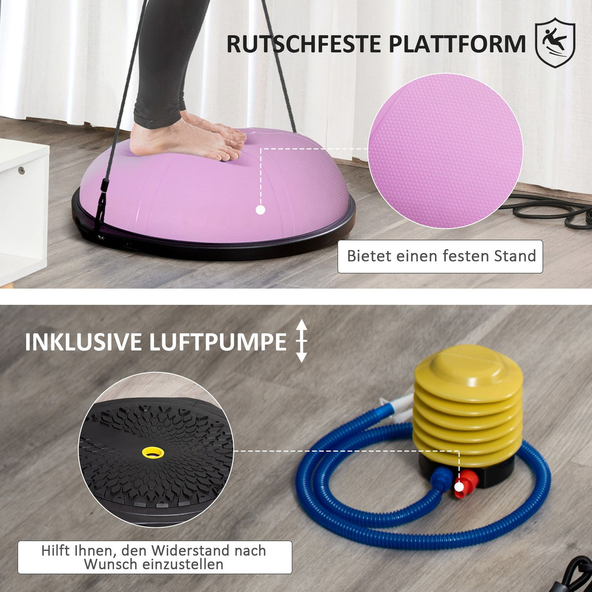 Yoga Ball Hemisphere Balance Trainer, Exercise Ball With Training Rope, For Yoga And Balance, Light Purple, Ø 64Cm