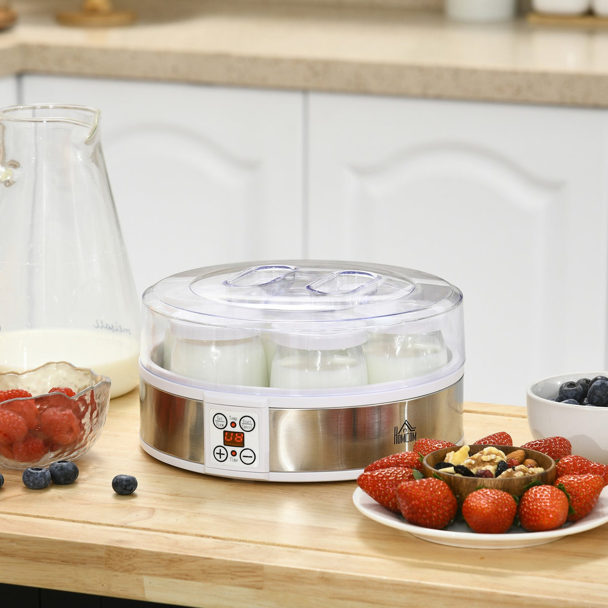 Yoghurt Maker Yoghurt Machine With 48 Hour Timer, With Temperature Setting, 7 Glasses Of 180 Ml Each, Automatic Switch-Off, 20 W, White
