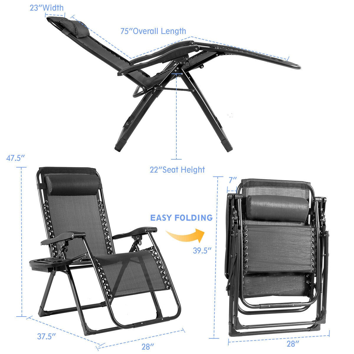 Zero Gravity Lounge Chair with Cup Holder, 500 lb, Black
