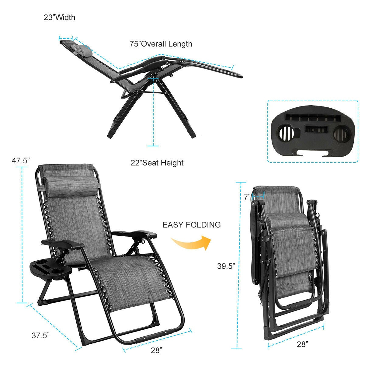 Zero Gravity Lounge Chair with Cup Holder, 500 lb, Gray