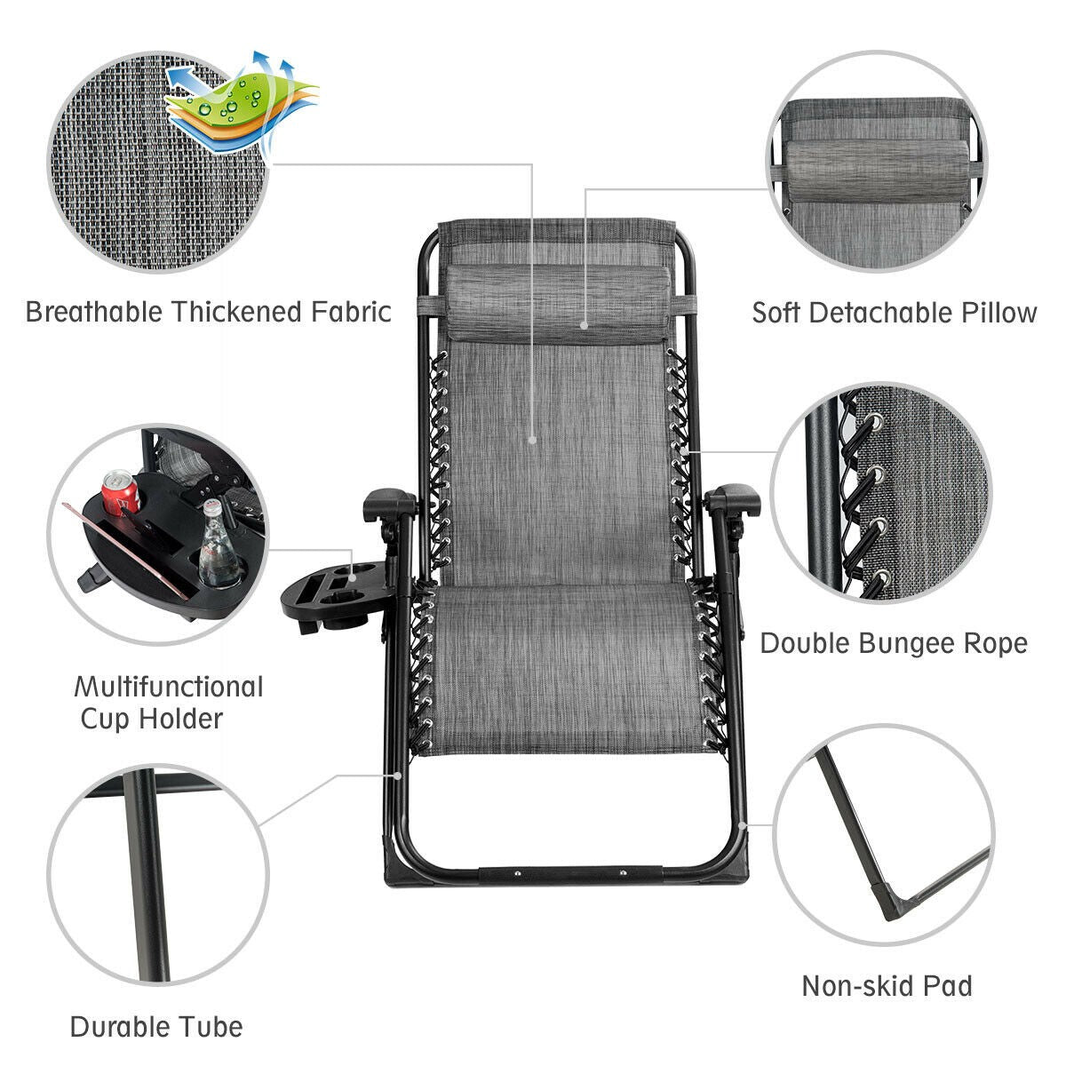 Zero Gravity Lounge Chair with Cup Holder, 500 lb, Gray