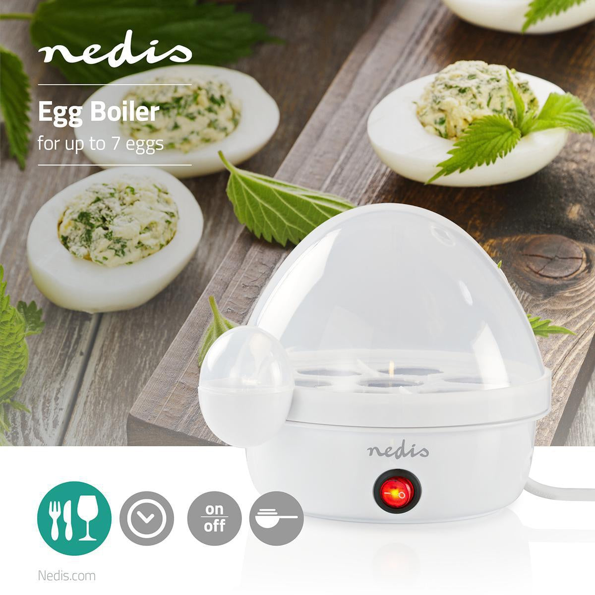 egg cooker | 7 eggs | The measuring glass | Warning signal | Automatic shutdown | White