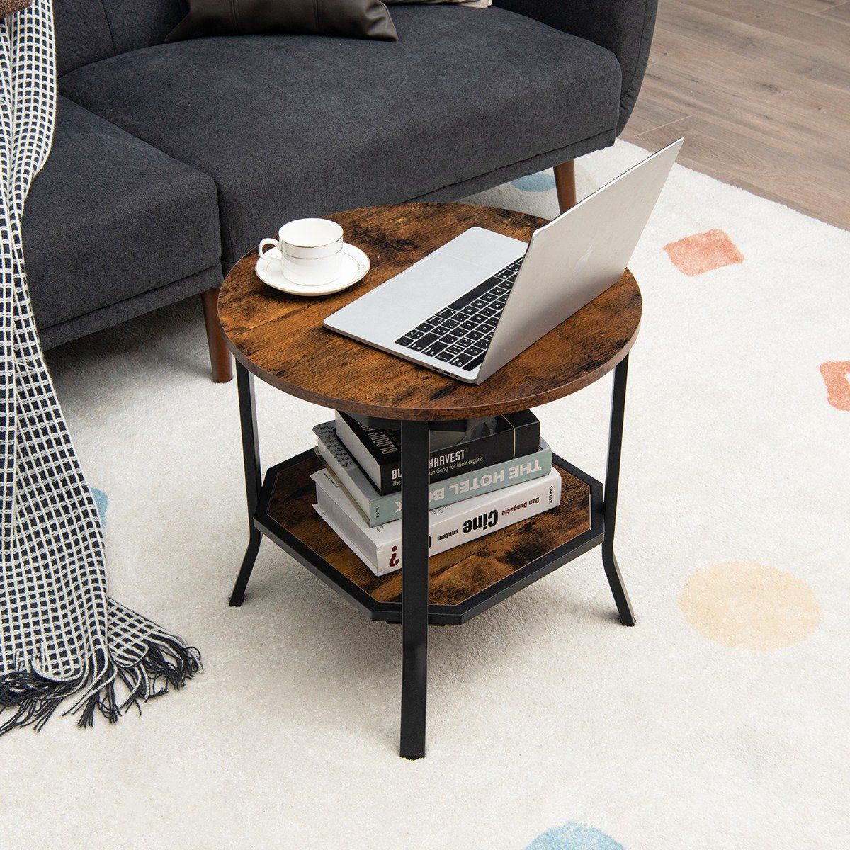industrial round 2 tier side table with open shelf and steel legs 50 x 50 x 49.5 cm brown
