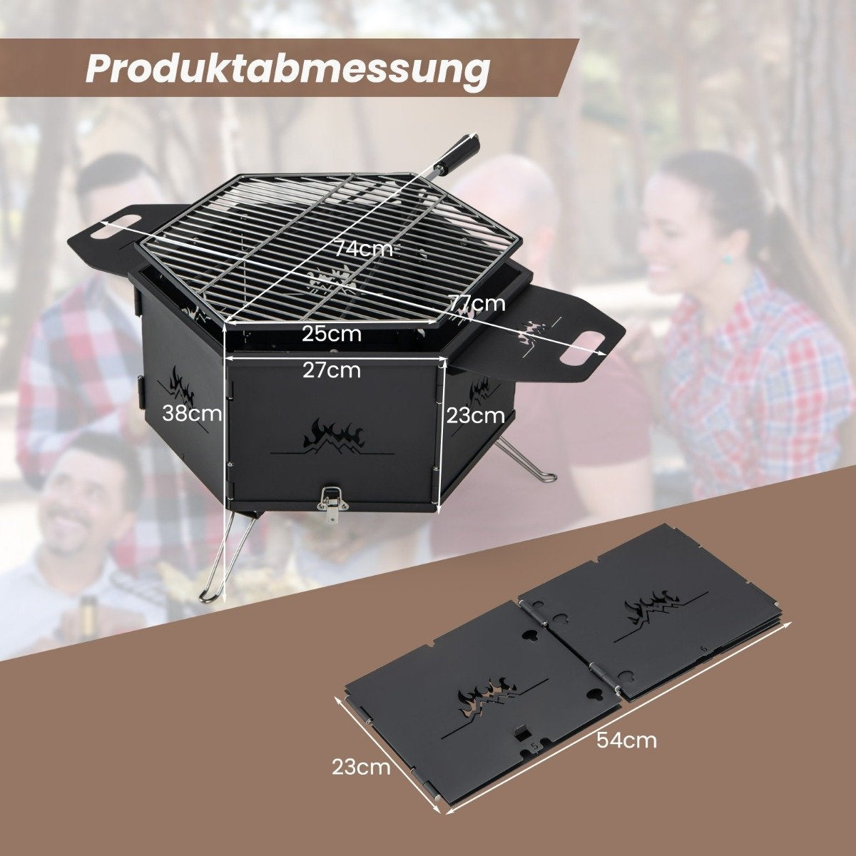 large charcoal grill with 360° rotating grill 2 in 1 fire bowl 77 x 74 x 38 cm