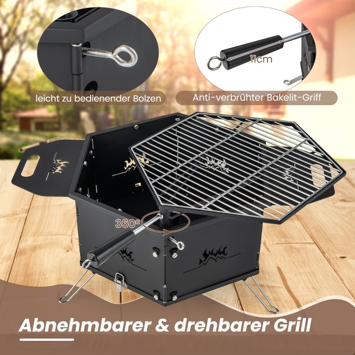 large charcoal grill with 360° rotating grill 2 in 1 fire bowl 77 x 74 x 38 cm