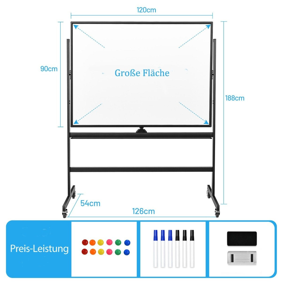 mobile magnetic large reversible whiteboard 360° rotatable 90 x 120 cm black + white