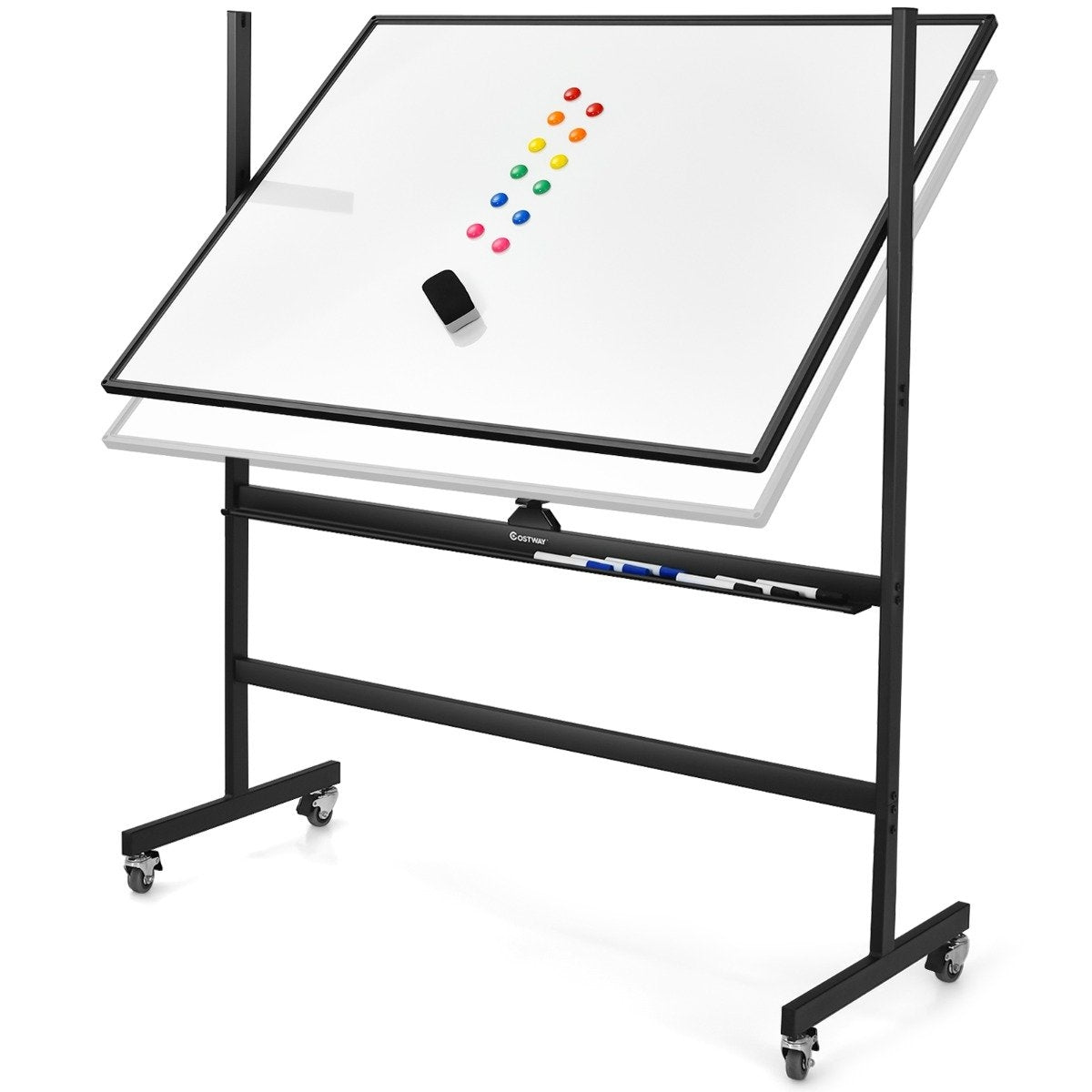 mobile magnetic large reversible whiteboard 360° rotatable 90 x 120 cm black + white