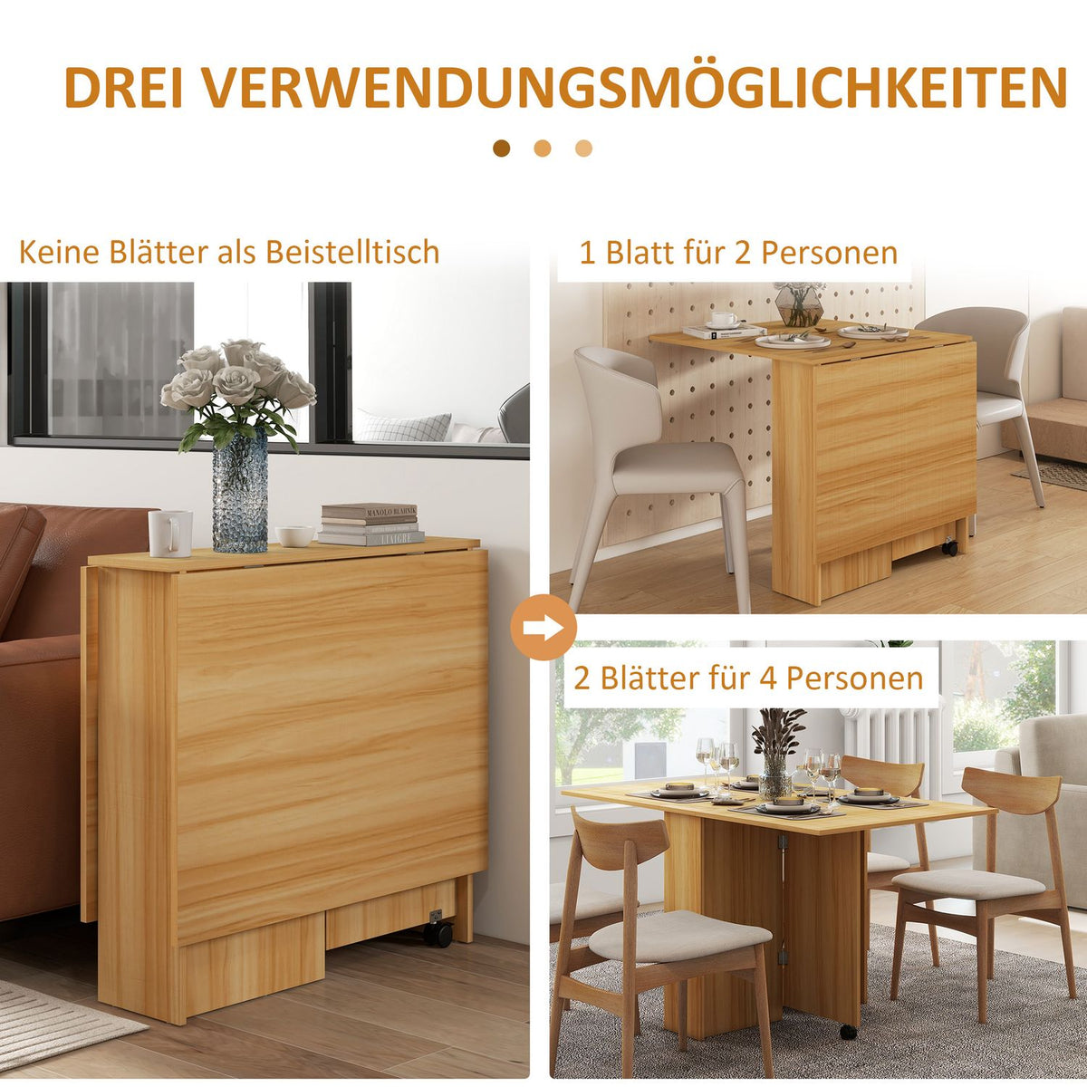 small folding dining table, 140 x 80 x 74 cm, space-saving, with additional storage space, wheels, chipboard, metal, teak