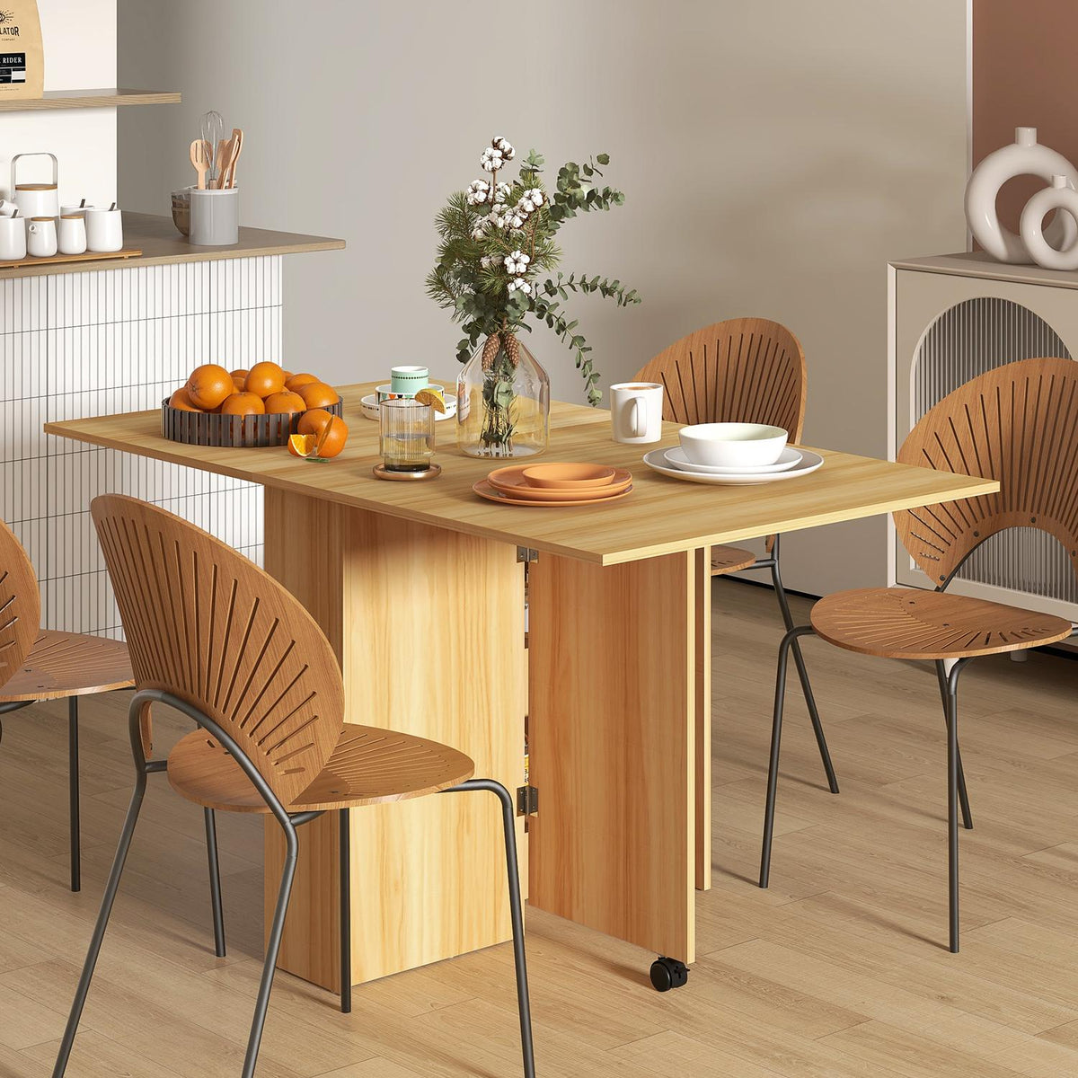 small folding dining table, 140 x 80 x 74 cm, space-saving, with additional storage space, wheels, chipboard, metal, teak