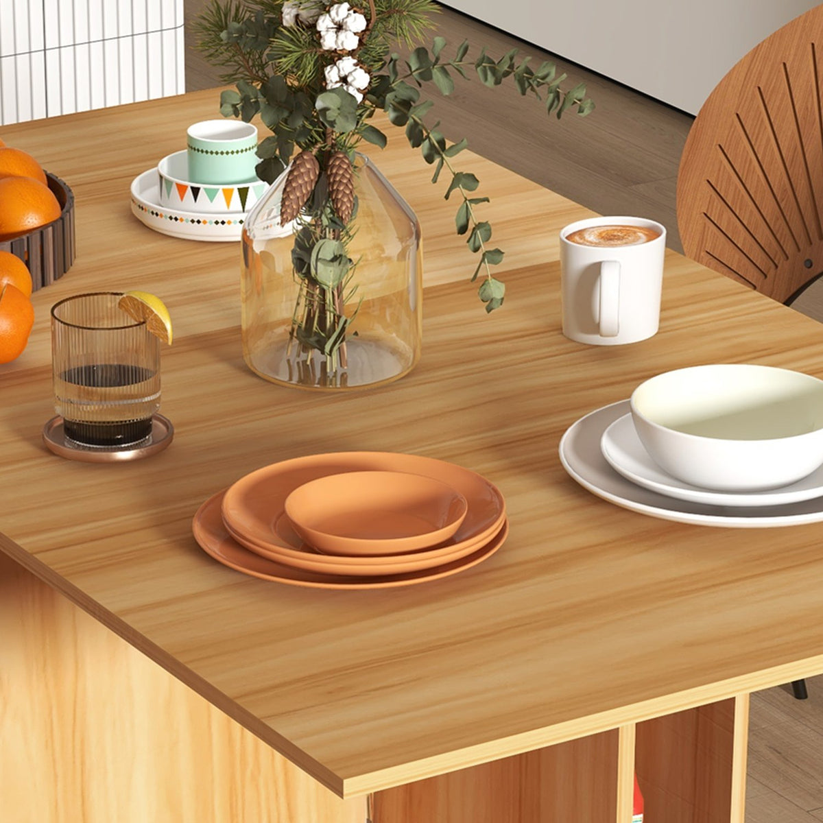 small folding dining table, 140 x 80 x 74 cm, space-saving, with additional storage space, wheels, chipboard, metal, teak