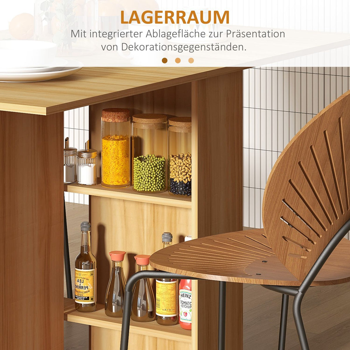 small folding dining table, 140 x 80 x 74 cm, space-saving, with additional storage space, wheels, chipboard, metal, teak