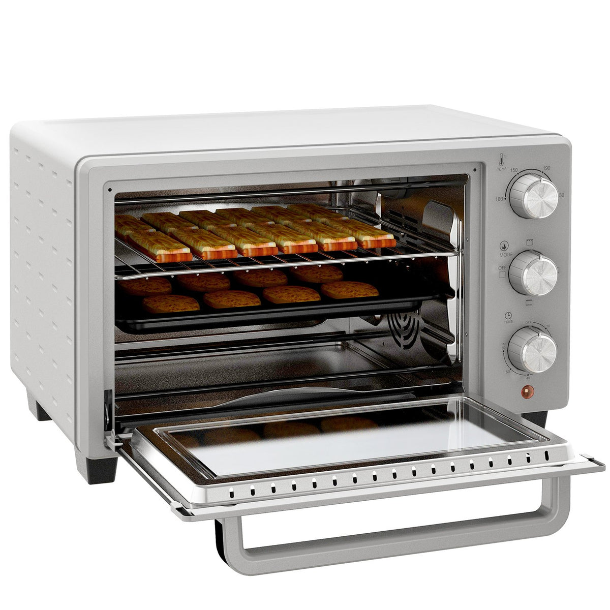 small oven 21L, 100°C-230°C, 1 hour timer, with 3 cooking modes, wire rack, baking tray, stainless steel, 46L x 38.5W x 29H cm, silver