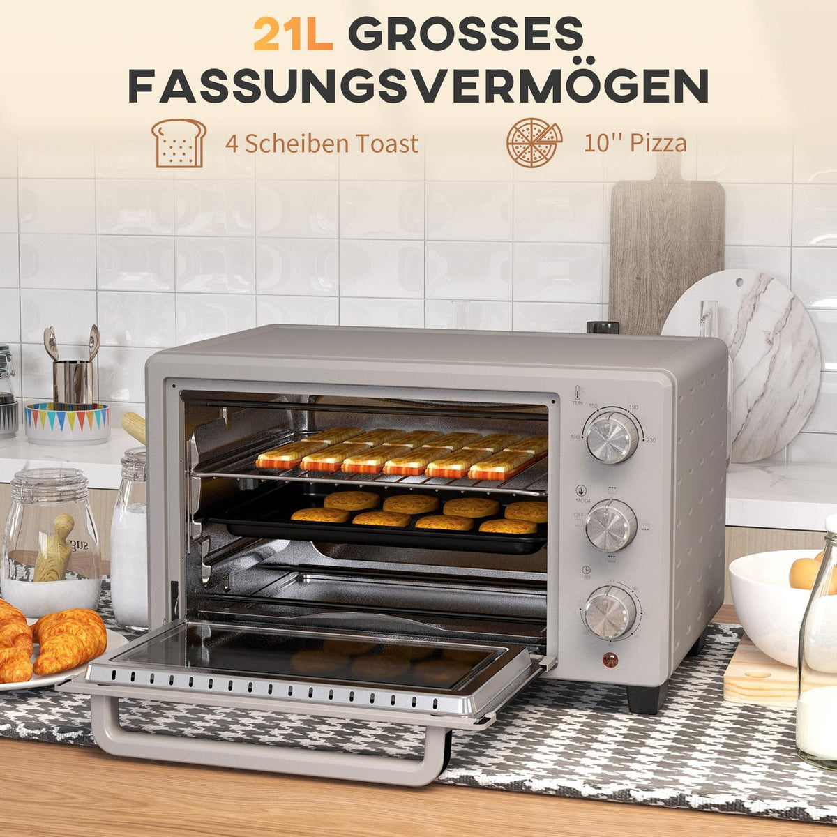 small oven 21L, 100°C-230°C, 1 hour timer, with 3 cooking modes, wire rack, baking tray, stainless steel, 46L x 38.5W x 29H cm, silver